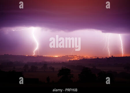 Lightning over Launceston town, Cornwall, UK Stock Photo