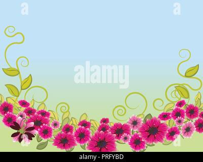 Floral summer or spring landscape, meadow with flowers, blue sky and butterflies Stock Vector