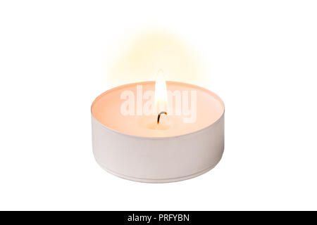 single tealight with burning wick isolated on white background Stock Photo