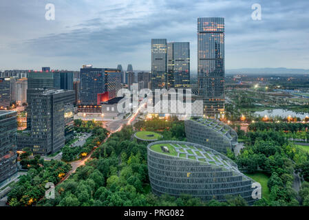 The financial city at night in Chengdu,Sichuan province ,China, which is inspired by the design of Bird Nest Stadium in Beijing. Stock Photo