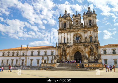 Facade of Roman Gothic Monastery of Alcobaca or Mosteiro de Santa Maria de Alcobaca, Unesco Heritage in Alcobaca, Portugal. Stock Photo