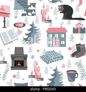 Hygge seamless pattern. Vector illustration with forest plants and cozy home things like candles, socks, wrap, cocoa, fireplace. Harmony with nature a Stock Vector