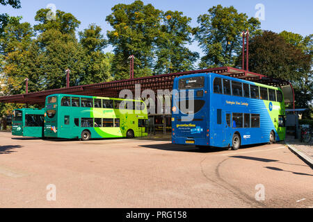 Drummer street bus station with several buses in bays, Cambridge, UK Stock Photo