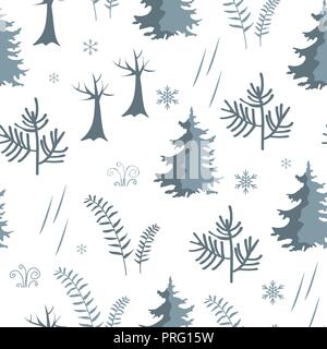 Seamless forest pattern. Fir trees, snowflakes and herbs winter background. Fairy wood. Vector Illustration Stock Vector