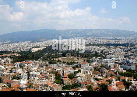 Greece. Athens. Panoramic of the city. Remains of the Temple of Olympian Zeus, in the center of the image. Stock Photo