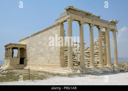 Greece. Athens. Acropolis. Erechtheion. Ionic temple which was built in 421 BC by Athenian architect Mnesicles (Pericles Age). Kariatides (Porch of the Caryatids). Stock Photo