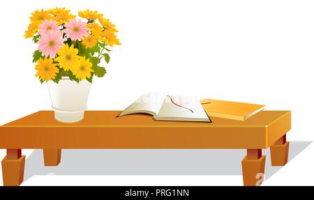 illustration of isolated vase of flowers with table Stock Vector