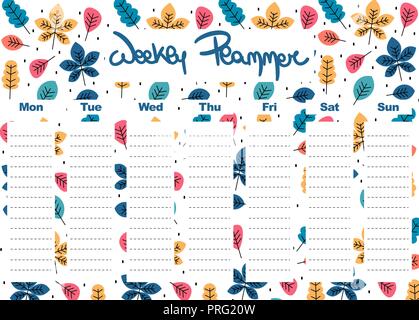 cute lovely vector weekly planner template with colorful leaves stationery organizer for daily plans Stock Vector