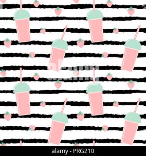cute lovely seamless vector pattern background illustration with strawberry smoothies on black brush stripes Stock Vector