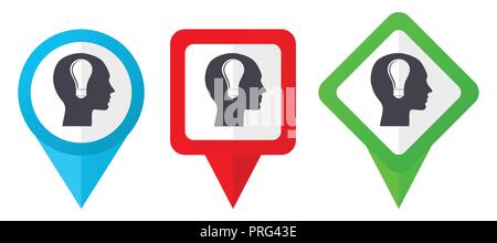 Replay red, blue and green vector pointers icons. Set of colorful location markers isolated on white background easy to edit. Stock Vector
