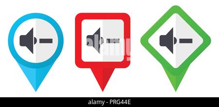 Podcast red, blue and green vector pointers icons. Set of colorful location markers isolated on white background easy to edit. Stock Vector