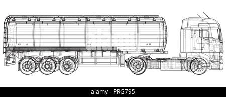 Sketch of a truck with a tank vector. Created illustration of 3d. Wire-frame Stock Vector