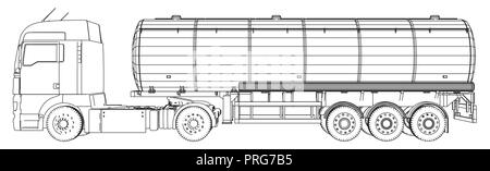 Sketch of a truck with a tank vector. Created illustration of 3d. Wire-frame Stock Vector