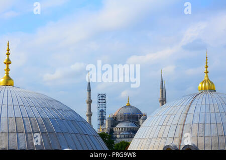 Restoration of the Blue Mosque in Istanbul. View between the domes of Hagia Sophia. Stock Photo