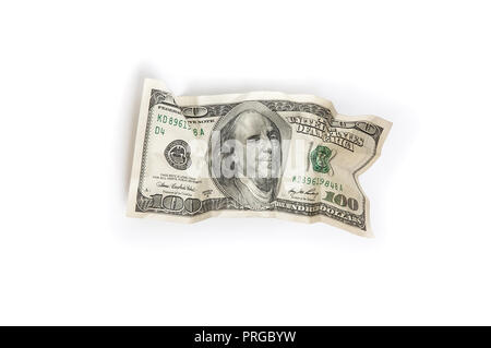 A crumpled bill of one hundred dollars on a white background. Stock Photo
