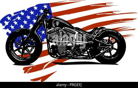 Hand drawn and inked vintage American chopper motorcycle with american flag Stock Vector