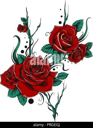 beautiful bouquet with red roses and leaves. Floral arrangement. design greeting card and invitation of the wedding, birthday, Valentine s Day Stock Vector