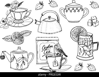 Tea time. Set of kettle. Natural organic product. farm products. trendy cute vector illustration. Engraved hand drawn line art Vintage old doodle sketch, ink. Vector illustration for label. Stock Vector