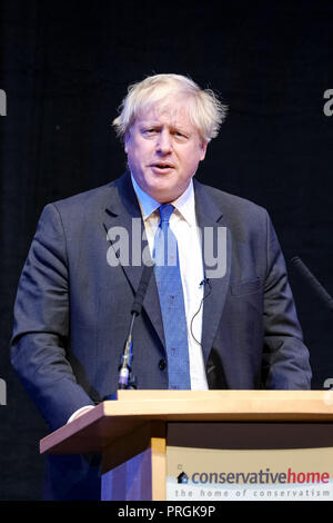 Birmingham, UK . 2nd October, 2018. Boris Johnson MP speaks at a fringe event during the Conservative Party Conference on Tuesday 2 October 2018 held at ICC Birmingham , Birmingham . Pictured: Boris Johnson. Picture by Julie Edwards. Credit: Julie Edwards/Alamy Live News Stock Photo
