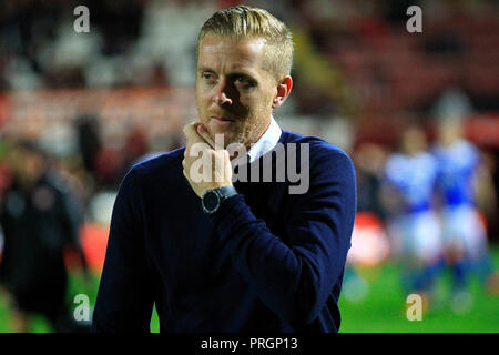 London, UK. 2nd October, 2018. Birmingham City Manager Garry Monk looks on.  EFL Skybet championship match, Brentford v Birmingham City at Griffin Park stadium in London on Tuesday 2nd October 2018.  this image may only be used for Editorial purposes. Editorial use only, license required for commercial use. No use in betting, games or a single club/league/player publications. pic by Steffan Bowen/Andrew Orchard sports photography/Alamy Live news Stock Photo