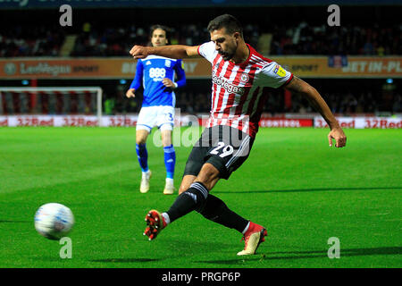 London, UK. 2nd October, 2018. Yoann Barbet of Brentford in action. EFL Skybet championship match, Brentford v Birmingham City at Griffin Park stadium in London on Tuesday 2nd October 2018.  this image may only be used for Editorial purposes. Editorial use only, license required for commercial use. No use in betting, games or a single club/league/player publications. pic by Steffan Bowen/Andrew Orchard sports photography/Alamy Live news Stock Photo