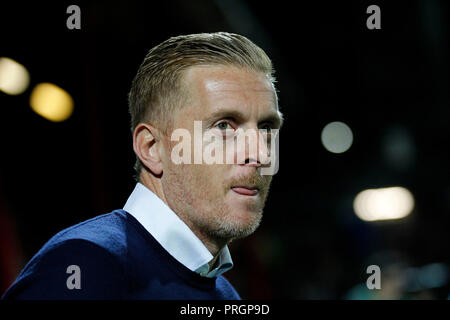 London,  UK. 2nd October, 2018. Birmingham City manager, Gary Monk during the EFL Sky Bet Championship match between Brentford and Birmingham City at Griffin Park, London, England on 2 October 2018. Photo by Carlton Myrie.  Editorial use only, license required for commercial use. No use in betting, games or a single club/league/player publications. Credit: UK Sports Pics Ltd/Alamy Live News Stock Photo