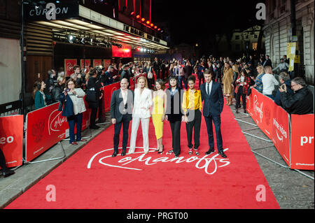 London, UK. 2nd October 2018. (L-R) Matthew Weiner, Marthe Keller, Jing Lusi, Adele Anderson, Ines Melab and Hugh Skinner attend the World premiere of 'The Romanoffs' at Curzon Mayfair cinema in London. Credit: Wiktor Szymanowicz/Alamy Live News Stock Photo