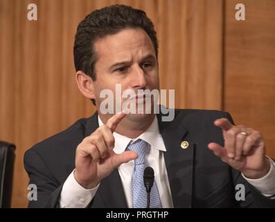 Washington, District of Columbia, USA. 2nd Oct, 2018. United States Senator Brian Schatz (Democrat of Hawaii) questions the witnesses during the US Senate Committee on Banking, Housing and Urban Affairs hearing titled ''Implementation of the Economic Growth, Regulatory Relief, and Consumer Protection Act'' on Capitol Hill in Washington, DC on Tuesday, October 2, 2018 Credit: Ron Sachs/CNP/ZUMA Wire/Alamy Live News Stock Photo