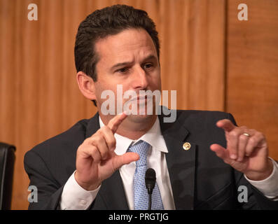 Washington, United States Of America. 02nd Oct, 2018. United States Senator Brian Schatz (Democrat of Hawaii) questions the witnesses during the US Senate Committee on Banking, Housing and Urban Affairs hearing titled 'Implementation of the Economic Growth, Regulatory Relief, and Consumer Protection Act' on Capitol Hill in Washington, DC on Tuesday, October 2, 2018. Credit: Ron Sachs/CNP | usage worldwide Credit: dpa/Alamy Live News Stock Photo