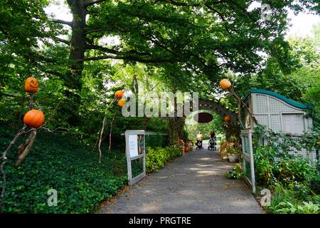 New York, USA. 2nd Oct, 2018. People visit Spooky Pumpkin Garden inside the New York Botanical Garden in New York, the United States, on Oct. 2, 2018. The Spooky Pumpkin Garden is a temporary Halloween theme garden that features more than 100 scarecrows and nearly 1,000 unusual pumpkins. Credit: Lin Bilin/Xinhua/Alamy Live News Stock Photo