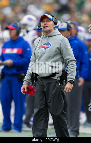Green Bay, WI, USA. 30th Sep, 2018. Buffalo Bills head coach Sean McDermott looks on during the NFL Football game between the Buffalo Bills and the Green Bay Packers at Lambeau Field in Green Bay, WI. Green Bay defeated Buffalo 22-0. John Fisher/CSM/Alamy Live News Stock Photo
