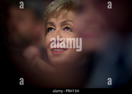 Birmingham, UK. 3rd October 2018. Andrea Leadsom, Leader of the House of Commons, Lord President of the Council and Conservative MP for South Northamptonshire, listens to Theresa May's speech at the Conservative Party Conference in Birmingham. © Russell Hart/Alamy Live News. Stock Photo