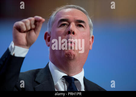 Birmingham, UK. 3rd October 2018. Geoffrey Cox MP, The Attorney General, speaks at the Conservative Party Conference in Birmingham. © Russell Hart/Alamy Live News. Stock Photo