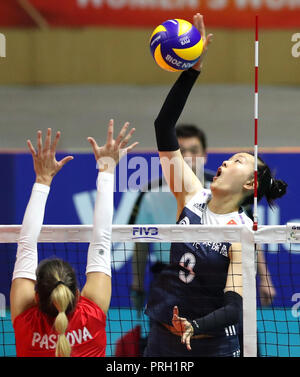 Sapporo, Japan. 3rd Oct, 2018. Zhang Changning (Top) of China spikes the ball during the Pool B match against Bulgaria at the 2018 Volleyball Women's World Championship in Sapporo, Japan, Oct. 3, 2018. China won 3-1. Credit: Du Xiaoyi/Xinhua/Alamy Live News Stock Photo