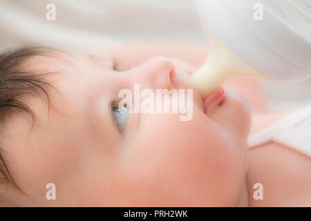 newborn baby sucking bottle Stock Photo