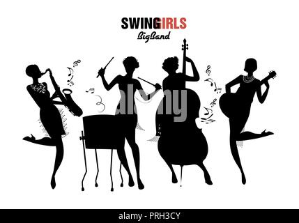 Women Orchestra. Four girl playing jazz, swing or charleston. Vector Illustration isolated. White background Stock Vector