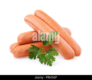Several fresh sausages and sheet of fresh parsley isolated on white background Stock Photo