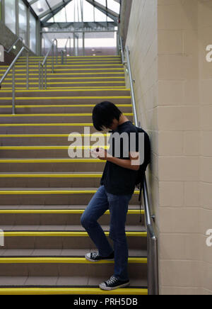 A student checking messages on his cell phone on a school stairway Stock Photo