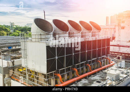 Water cooling tower air chiller HVAC of large industrial building air conditioner. Stock Photo