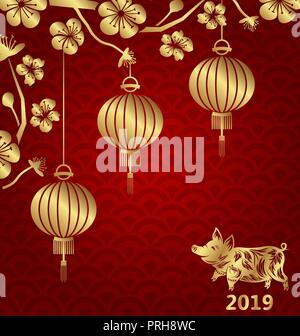 Happy Oriental Card for Chinese New Year 2019, Lanterns, Sakura Blossom Flowers and Golden Pig Stock Vector