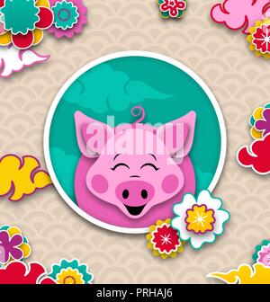 Happy Chinese New Year 2019 Card with Pink Pig, Abstract Cut Paper Design Stock Vector