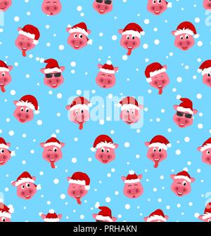 Seamless Print with Cartton Funny Pigs in Sata Hats, Symbol New Year 2019 Stock Vector