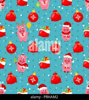Seamless Pattern with Cartton Pigs, Christmas Bag, Balls, Presents Stock Vector