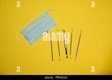 Dental Hygiene Kit with Anti Fog Mirror, Tartar Scraper, dental Pick, Scaler and Forceps. Tools For Personal use Stock Photo