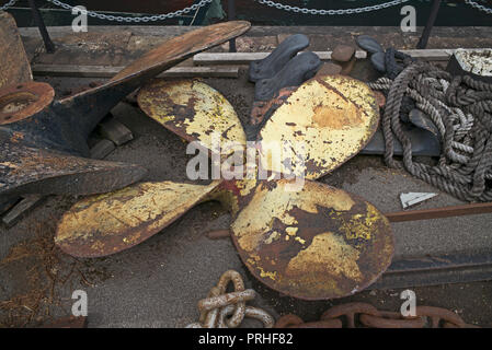 Propeller, rope, and chain lying on quayside near SS Great Britain, Bristol, UK Stock Photo