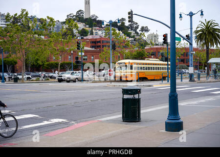On Embarcadero Street, a view of the city and the retro tram line, San Francisco, California, USA Stock Photo