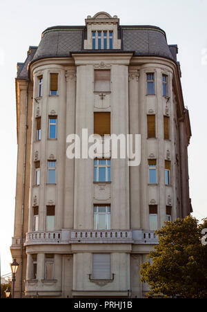 A beautiful historical building in the old town of Budapest, Hungary, Eastern Europe. Detailed facade of an old house, patterns, ornaments. Stock Photo