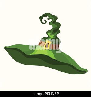 Halloween vector cartoon green old magic witch hat isolated on the white background Stock Vector