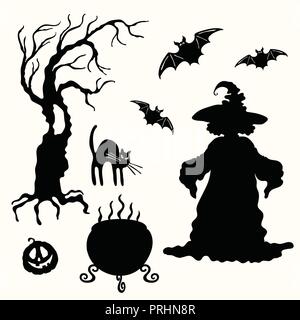 Vector stencil witch, carving face pumpkin lantern, tree, cat, cauldron and bat isolated on the white background. Laser cutting template Stock Vector