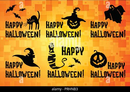Happy Halloween title set with pumpkin lantern, black cat, witch hat, ghost, mummy, bat on the yellow orange background. Stock Vector